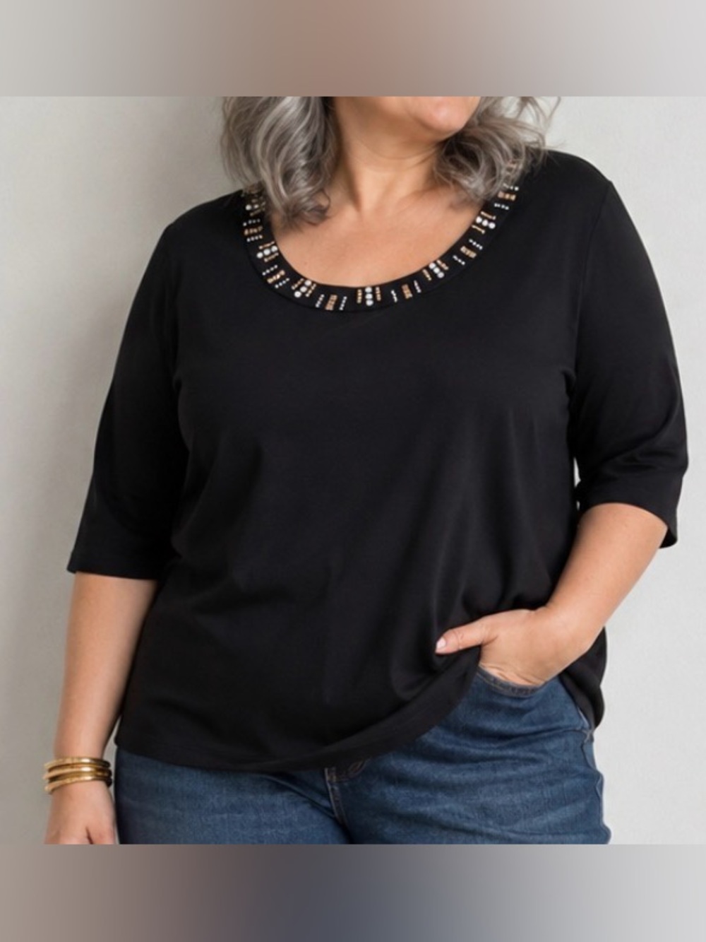 STYLE & CO Black Scoop Neck Embellished 3/4 Sleeve Top Size 1X